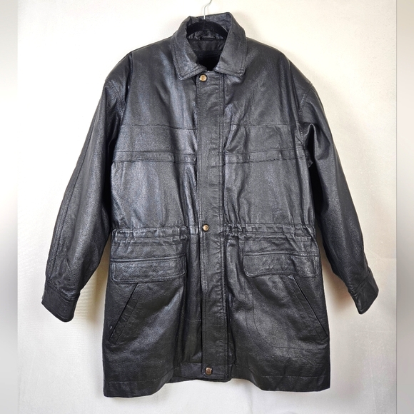 Vintage DD Double Long 100% Leather Western Chore Jacket Size Large Black - Picture 1 of 15